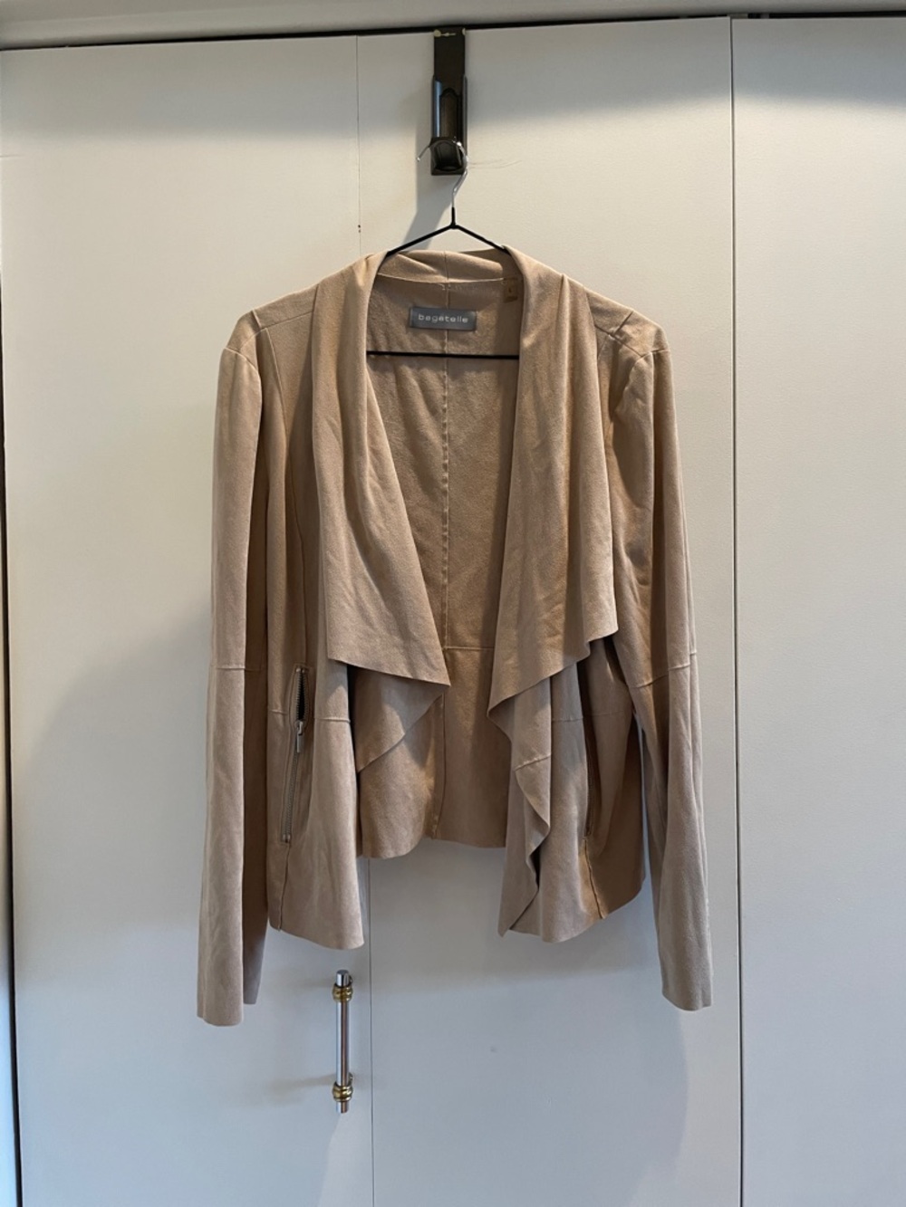 Faux Suède Draped Open-Front Jacket - Beige
